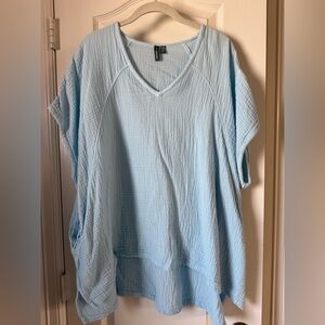 Shannon Passero Light Blue V-Neck Women's Top - Relaxed Gauze Tunic